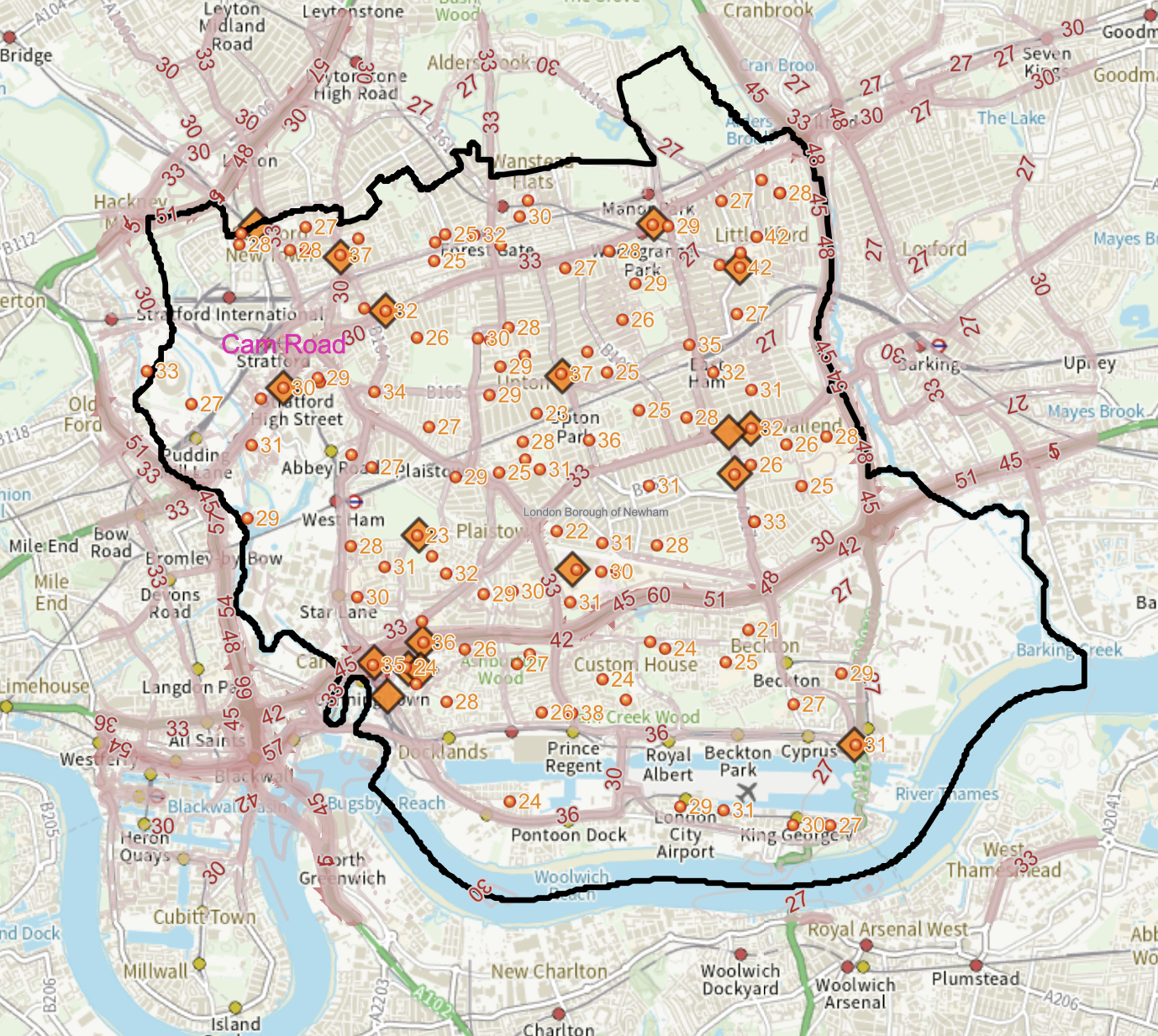 Image of Newham - NO2 Air Quality monitoring sites (2023)